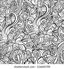 black and white seamless pattern in a zentangle style, Hand-drawn design illustration