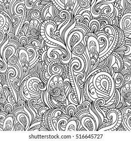 black and white seamless pattern in a zentangle style, Hand-drawn design illustration
