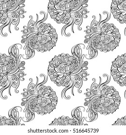 black and white seamless pattern in a zentangle style, Hand-drawn design illustration