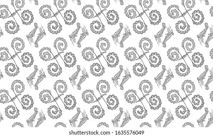Black and white seamless pattern for the zodiac sign Pisces from doodles hand-drawn. Pairs of fish of the catfish family and astrological symbols. Fabric, textile, wallpaper, horoscope design. Vector.