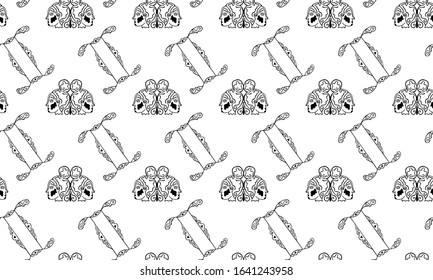 Black and white seamless pattern for the zodiac sign Gemini from vintage doodles. Pair of female heads in patterns and hand-drawn astrological symbols. Monochrome texture for textile, clothes. Vector.