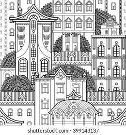 Black and white seamless pattern.Houses and trees silhouettes.