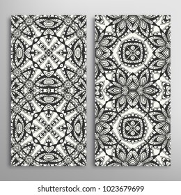 Black and white seamless patterns, floral geometric lace texture for Wedding, Valentine's day, greeting cards or Birthday Invitations. Decorative seamless backgrounds. Ethnic ornament, border pattern