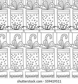 Black and white seamless patterns with gift boxes for coloring.