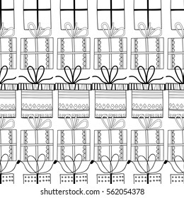 Black and white seamless patterns with gift boxes for coloring.