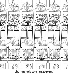 Black and white seamless patterns with gift boxes for coloring.