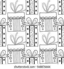Black and white seamless patterns with gift boxes for coloring.