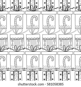 Black and white seamless patterns with gift boxes for coloring.