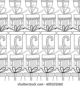 Black and white seamless patterns with gift boxes for coloring.