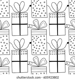 Black and white seamless patterns with gift boxes for coloring.