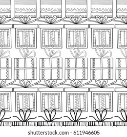 Black and white seamless patterns with gift boxes for coloring book. Festive background