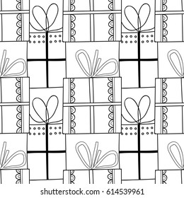 Black and white seamless patterns with gift boxes for coloring book. Festive background
