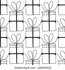 Black and white seamless patterns with gift boxes for coloring book. Festive background