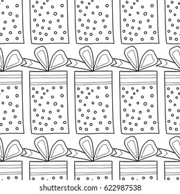Black and white seamless patterns with gift boxes for coloring book. Festive background