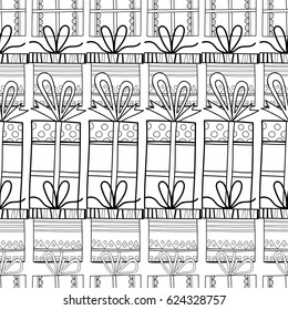 Black and white seamless patterns with gift boxes for coloring.