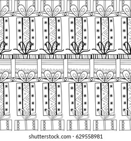 Black and white seamless patterns with gift boxes for coloring book. Festive background