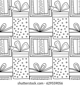 Black and white seamless patterns with gift boxes for coloring book Festive background