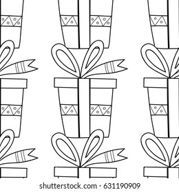 Black and white seamless patterns with gift boxes for coloring book Festive background