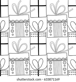 Black and white seamless patterns with gift boxes for coloring book. Festive background