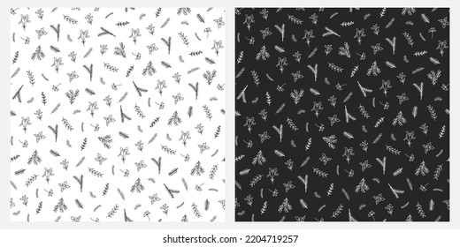 Black and white seamless patterns with winter plants in vector. Christmas background. Can be used for fabric wrapping paper and other holiday designs.