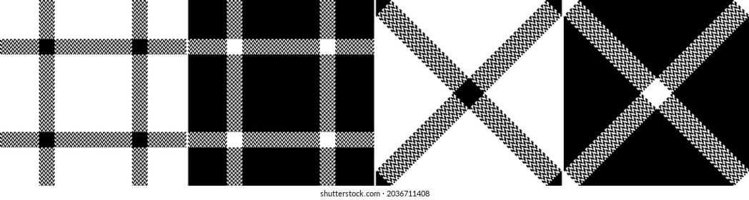 Black white seamless plaid pattern set. Herringbone textured simple classic grid line background vector graphic for dress, flannel shirt, coat, jacket, skirt, scarf, other modern fashion fabric print.