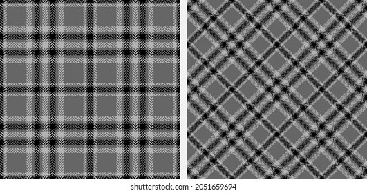 Black and white seamless plaid pattern background set. Classic texture herringbone. Straight and oblique scottish cage. Vector graphics printing on fabrics, shirts; textiles and tablecloth.