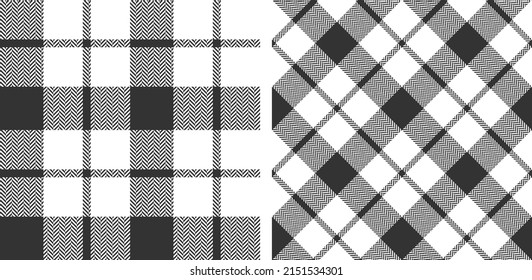 Black and white seamless plaid pattern background set. Classic texture herringbone. Straight and oblique scottish cage. Vector graphics printing on fabrics, shirts; textiles and tablecloth.