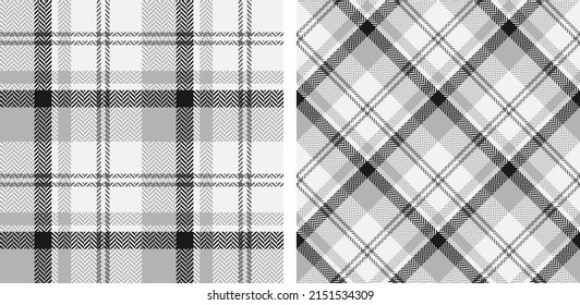 Black and white seamless plaid pattern background set. Classic texture herringbone. Straight and oblique scottish cage. Vector graphics printing on fabrics, shirts; textiles and tablecloth.