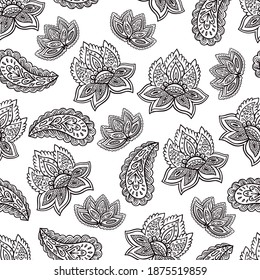 Black and white seamless psychedelic pattern with floral and paisley elements.