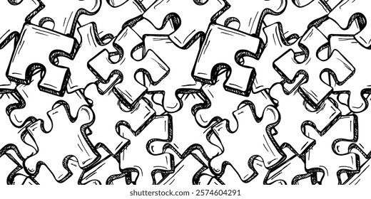 Black and white seamless puzzle pattern. Trendy print with hand drawn pieces of puzzle.  Modern design for textile, fabric, wallpaper, wrapping, scrapbook and packaging
