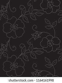 Black and White Seamless Repeat Vector Floral Pattern. White dots make up a scene of eglantine flowers. Repeating patterns are great for webpage backgrounds, packaging, or surface designs.
