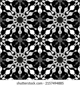 Black and white seamless repeating pattern. Decorative tile with abstract geometric interlaced flowers. Vector illustration. Great as a background or texture.