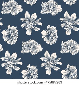 Black and white seamless sample with flowers in style of an ancient engraving. Detailed illustration ink.  Vector 