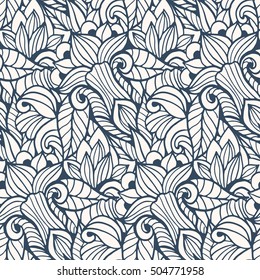 Black and white seamless sample with flowers. Detailed illustration ink.  Vector 