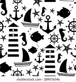 Black and white seamless sea pattern: sailboat, lighthouse, fish, anchor, seahorse. Cute nautical background. Monochrome marine life Background Collection. Child drawing style vector illustration.