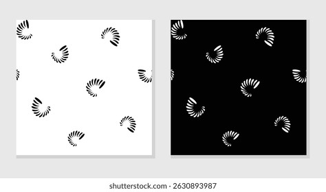 Padrão de vetor de conchas marinhas sem costura preto e branco. Simples minimalista mão desenhada abstrato motivo meia gota colocação. Ilustrações de vetor para têxteis, decoração de casa, envoltório, laminados, cartaz.