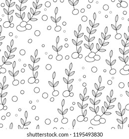 Black and white seamless seaweed pattern with bubbles. Underwater outlined print.