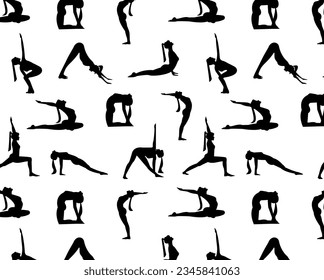 black and white, seamless. silhouettes of girls doing yoga.