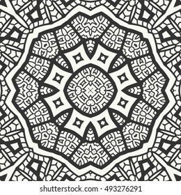 Black and white seamless sketch graphic pattern. Abstract geometric doodle seamless background. Tribal ethnic ornate decoration, lace repeating texture. Vector illustration