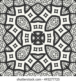 Black and white seamless sketch graphic pattern. Abstract geometric doodle seamless background. Tribal ethnic ornate decoration, lace repeating texture. Vector illustration
