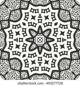 Black and white seamless sketch graphic pattern. Abstract geometric doodle seamless background. Tribal ethnic ornate decoration, lace repeating texture. Vector illustration