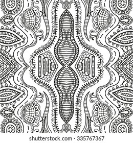 Black and white seamless sketchy doodle pattern, tribal ethnic ornament. Hand drawn abstract background with geometric repeating texture. 