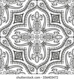 Black and white seamless sketchy doodle pattern, tribal ethnic ornament. Hand drawn abstract background with geometric repeating texture. 