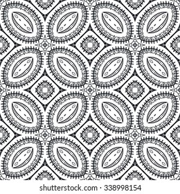 Black and white seamless sketchy doodle pattern, tribal ethnic ornament. Hand drawn abstract background with geometric repeating texture. 