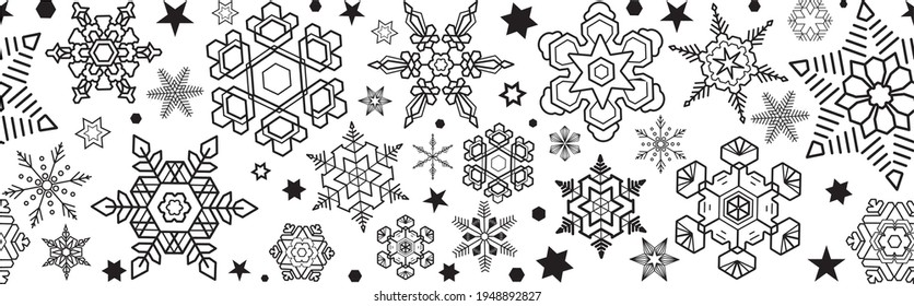 Borde de copos de nieve sin costuras en blanco y negro. Pancarta de copo de nieve de diseño vectorial o papel tapiz 