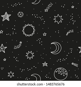 Black and white seamless space pattern with doodle outline stars, sun and moon.