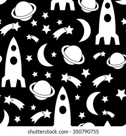 Black and white seamless space pattern. Cosmic background with stars, planet, spaceship, rocket, moon. Cute child drawing style cosmic sky vector illustration.