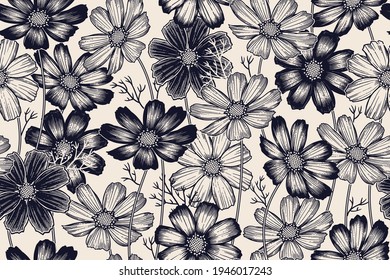 Black and white seamless spring floral pattern. Flowering plants. Vintage vector. Cute flowers chamomile. Victorian style. Luxurious summer textiles, paper, wallpaper decoration. Ornamental cover.