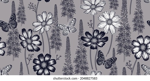 Black and white seamless spring floral pattern. Flowering plants. Vintage vector. Cute flowers and butterflies. Victorian style. For Summer textiles, paper, wallpaper decoration. Ornamental cover.