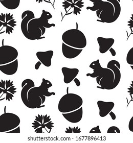 Black and White Seamless squirrel, acorn and mushroom pattern
